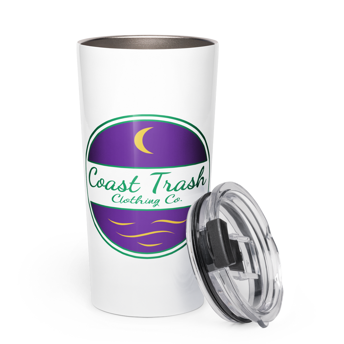 White Krewe de la Lune 20oz tumbler with a green-ring Selene Tide logo, purple sky and water, gold crescent and waves, and removable clear lid.