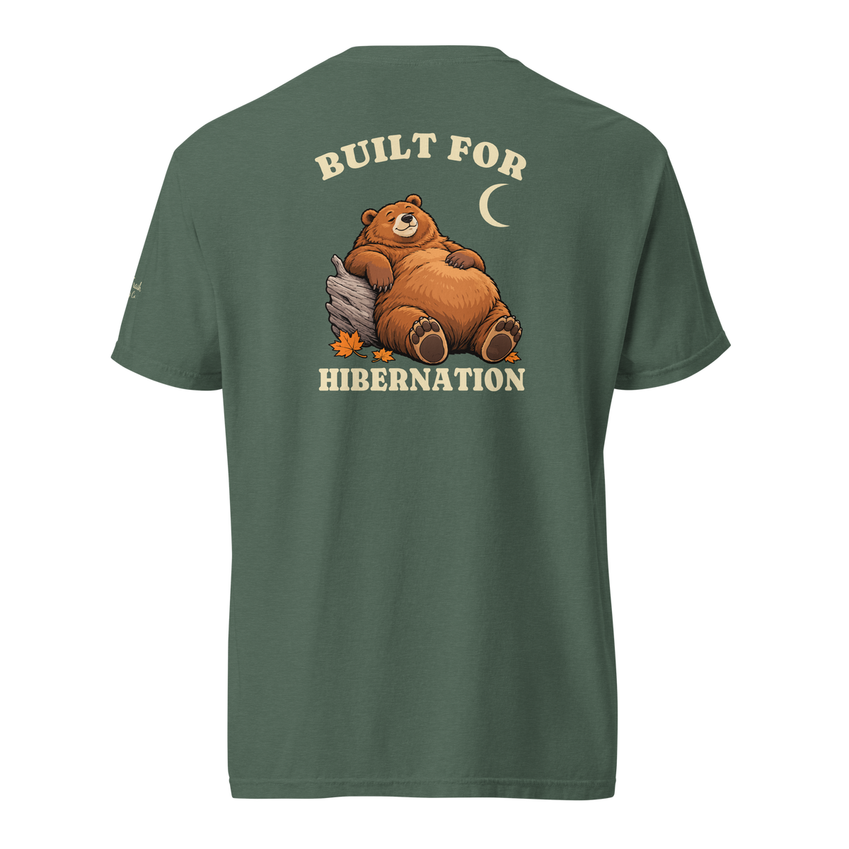 Built for Hibernation Tee in Blue Spruce, back view with Poe bear artwork and Built for Hibernation lettering.
