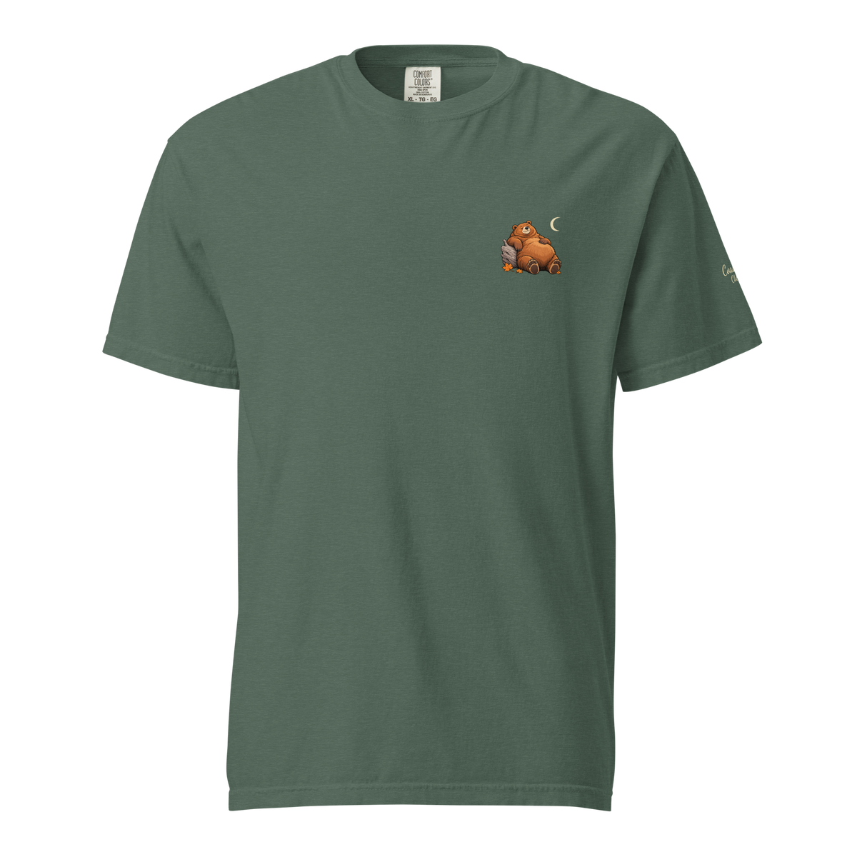 Built for Hibernation Tee in Blue Spruce, front view with Poe and the crescent moon in the left chest pocket position.