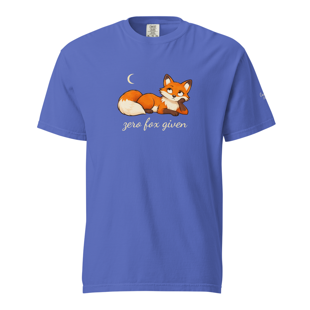 Flo Blue Josephine’s Zero Fox Given Tee, front with Josephine fox, crescent moon, and cream zero fox given script.