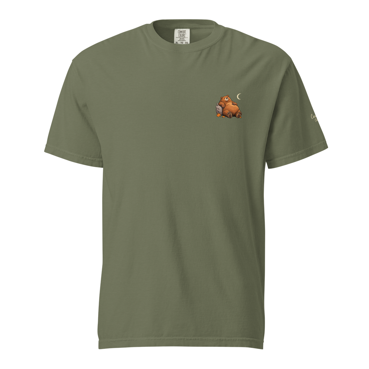 Built for Hibernation Tee in Moss, front view with Poe and the crescent moon in the left chest pocket position.