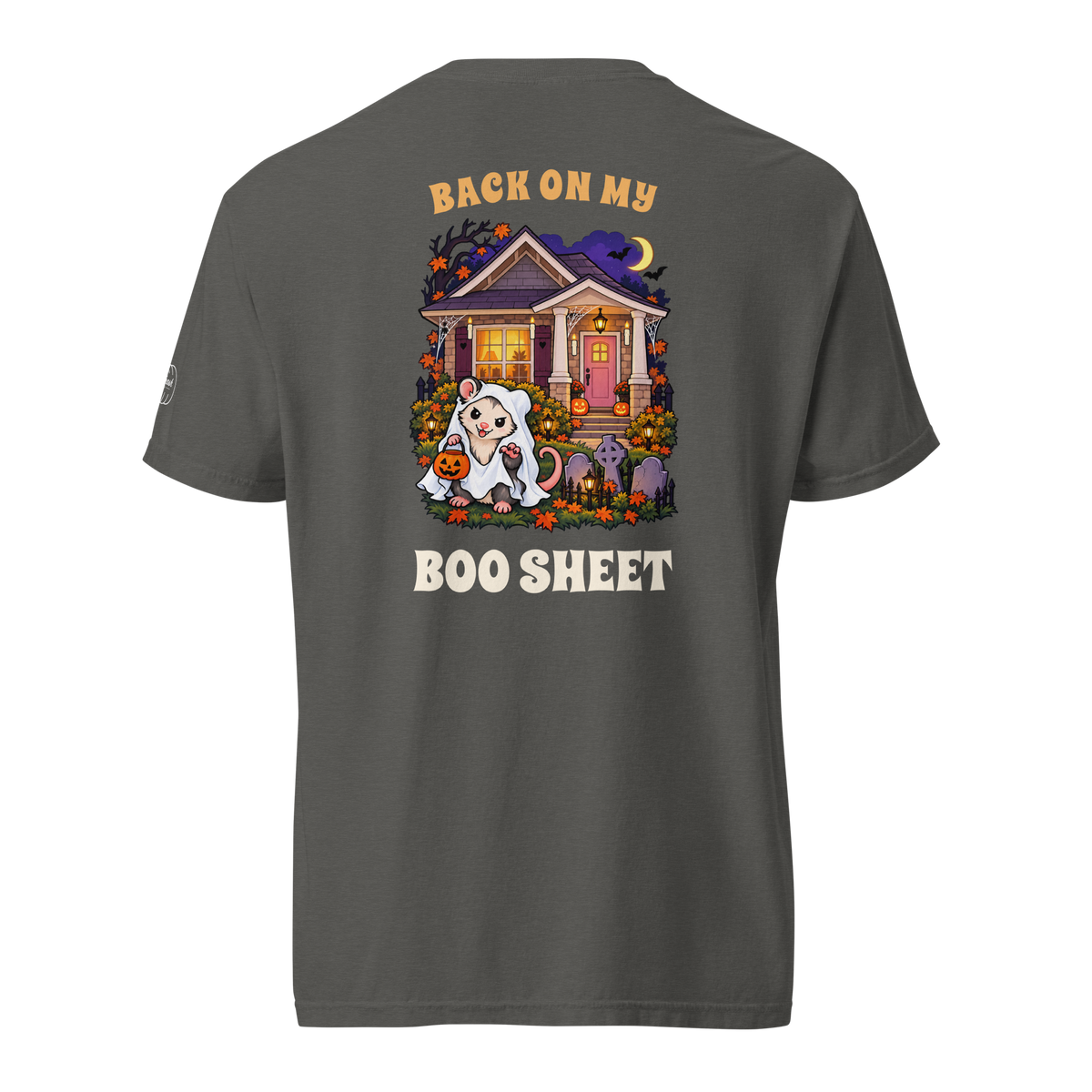 Back of Pepper Halloween tee with Ophelia outside a haunted cottage, floating candles, and Back on My Boo Sheet lettering.