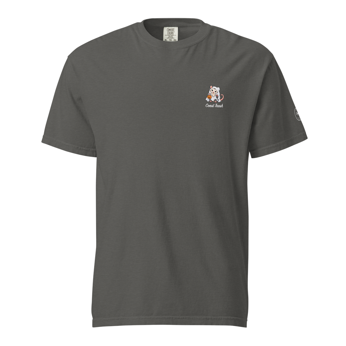Front of Pepper Comfort Colors tee with small ghost-sheet Ophelia and sheet-white Coast Trash script on the left chest.