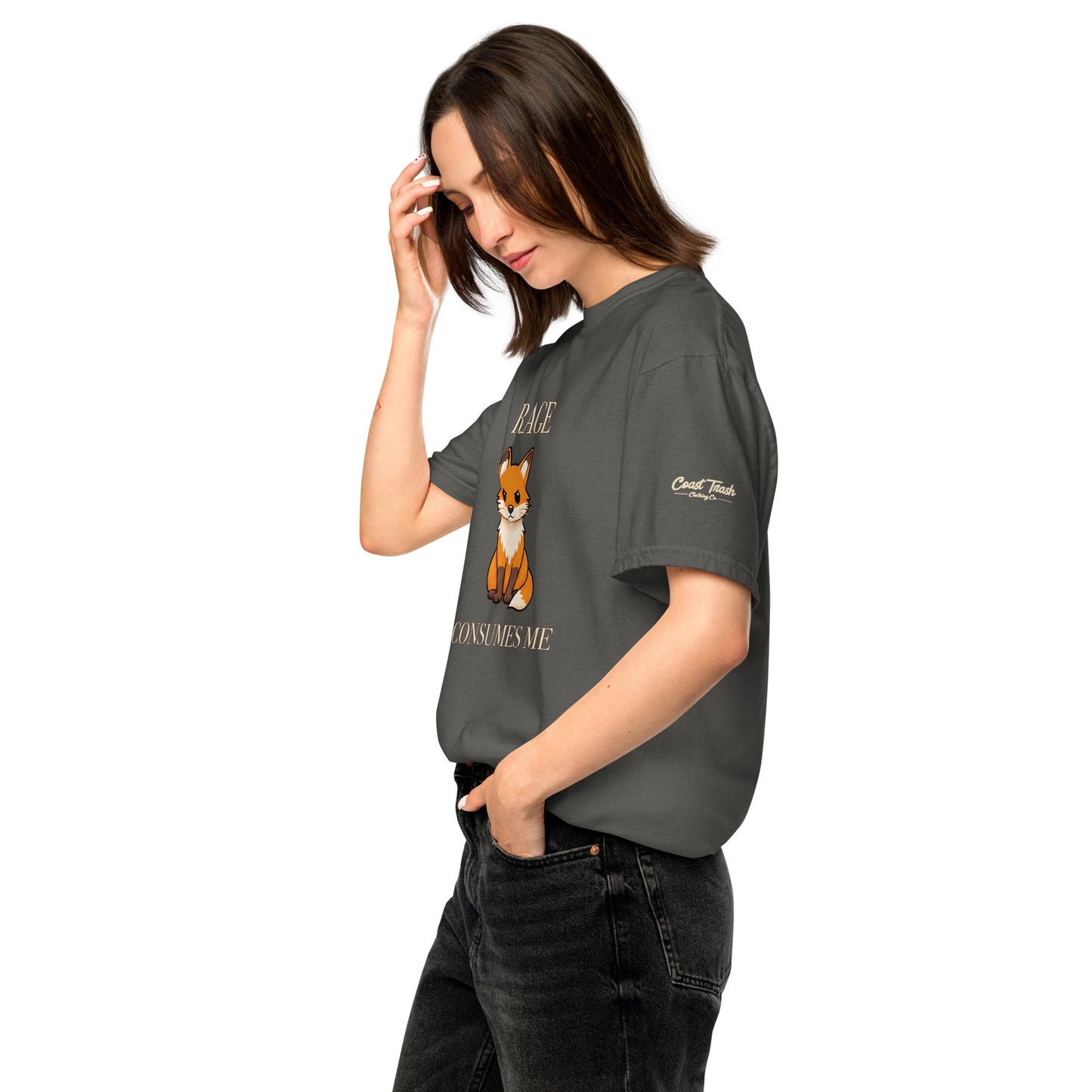 Woman wearing The Josephine Rage Tee in Pepper, shown from the side with cream Coast Trash Clothing Co. sleeve script