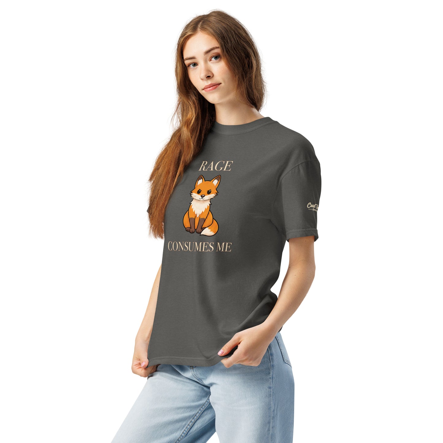 Woman wearing The Josephine Rage Tee in Pepper, showing the fox graphic and cream sleeve script