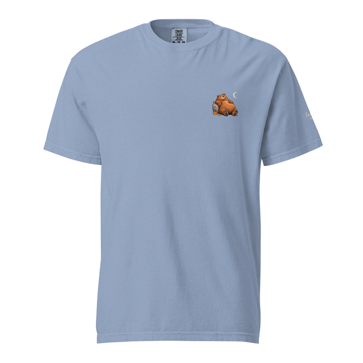 Built for Hibernation Tee in Washed Denim, front view with Poe and the crescent moon in the left chest pocket position.