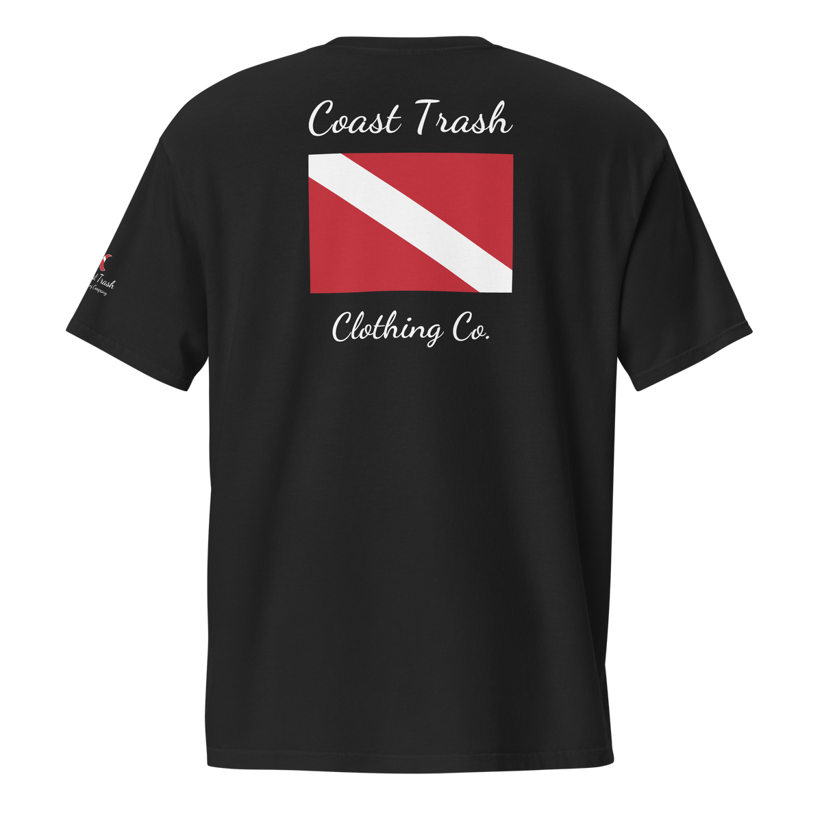 Another World Dive Pocket Tee in Black, back with diver-down flag and white Coast Trash Clothing Co. script.