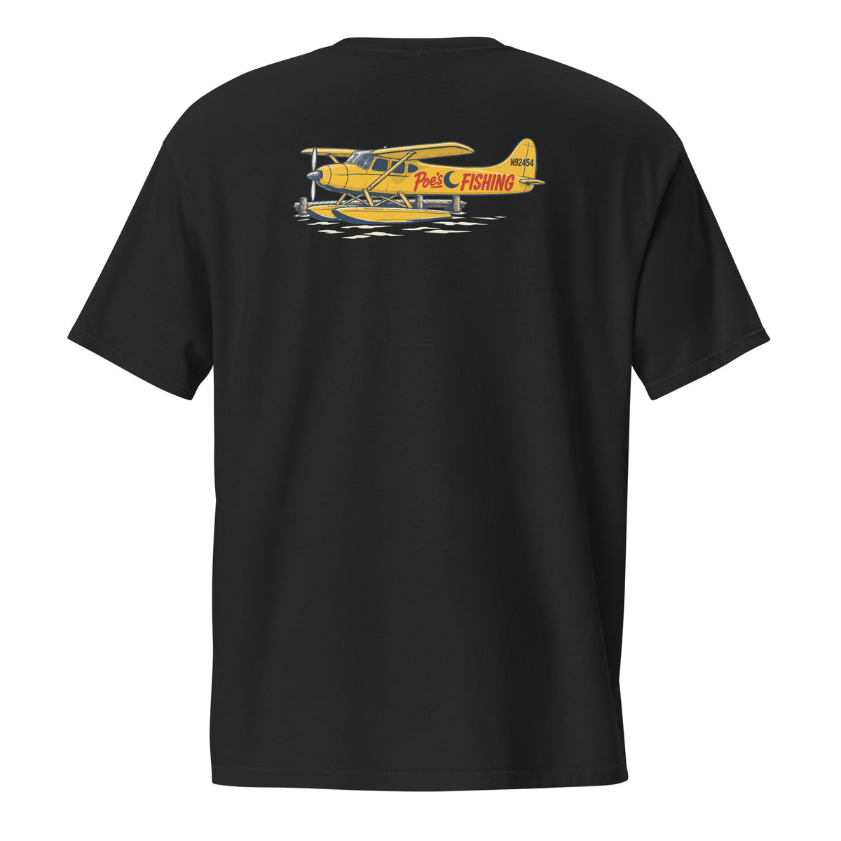 Do We Know… Poe? Tee in Black, back with yellow floatplane and dock artwork