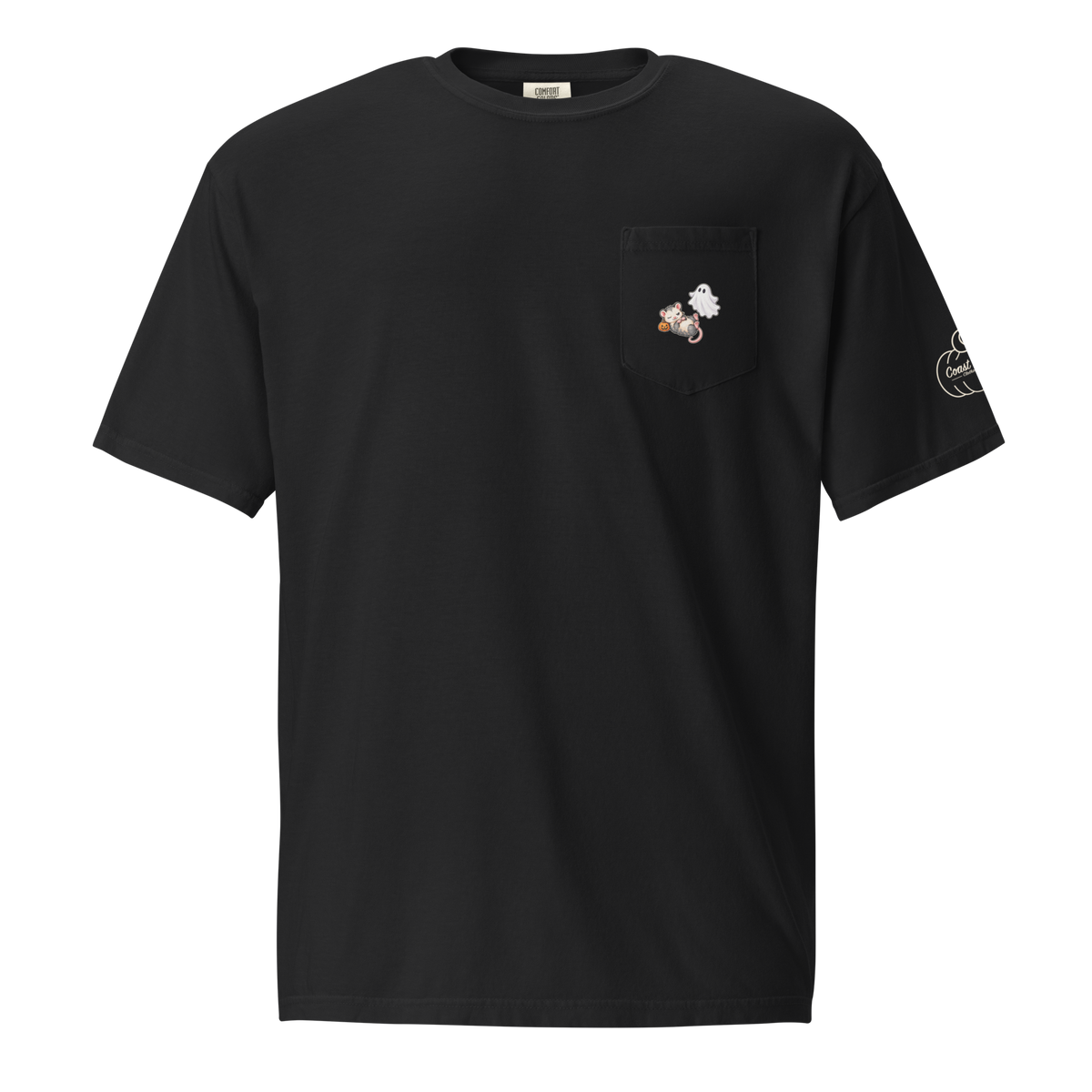 Front of a black Ophelia Halloween pocket tee with an opossum, orange pumpkin, and white ghost on the left chest pocket.
