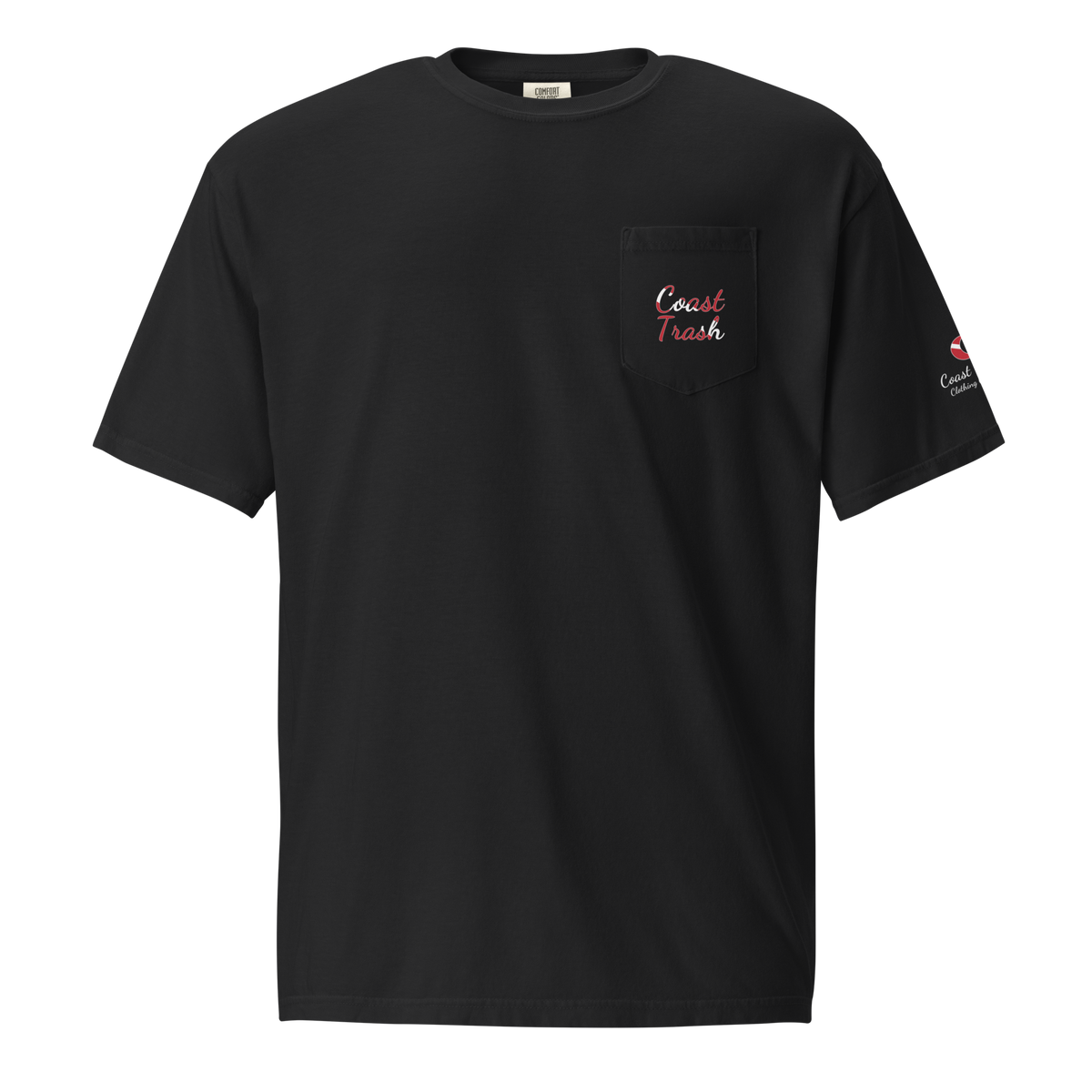Another World Dive Pocket Tee in Black, front with flag-filled script on the pocket.