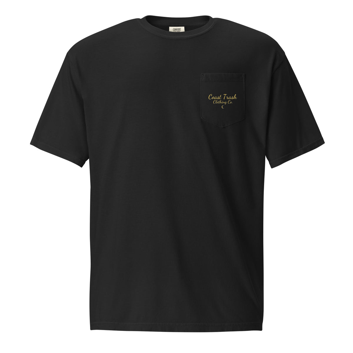 Do We Know… Poe? Tee in Black, front with gold Coast Trash script and crescent on the pocket