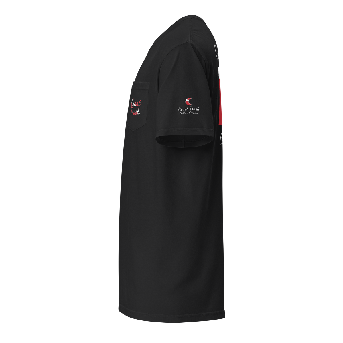 Another World Dive Pocket Tee in Black, left sleeve with diver-down crescent and Coast Trash script.