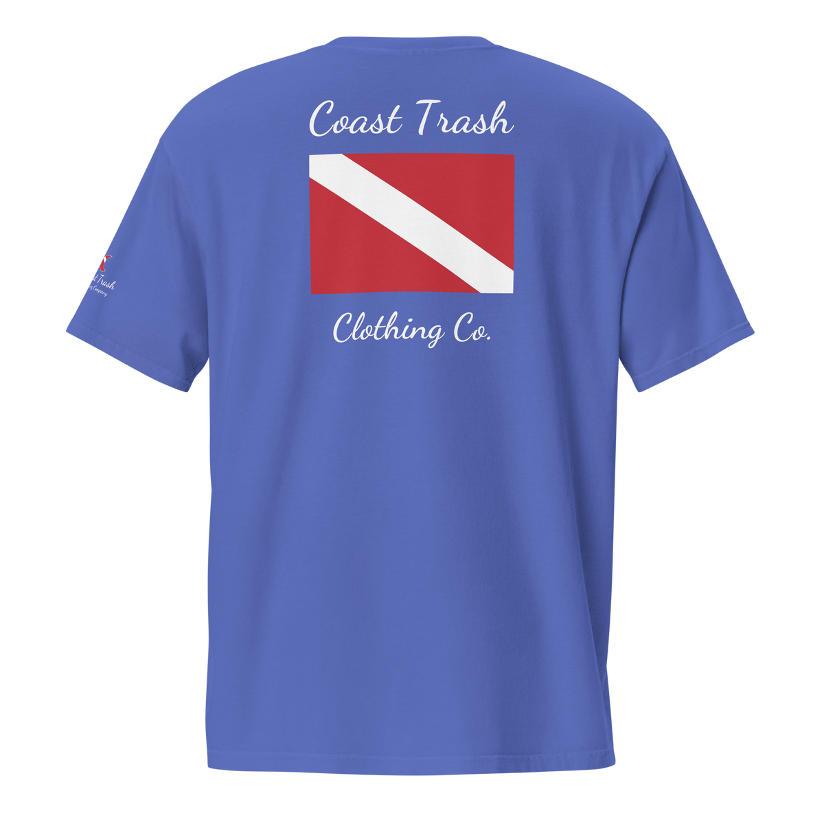 Another World Dive Pocket Tee in Flo Blue, back with diver-down flag and white Coast Trash Clothing Co. script.