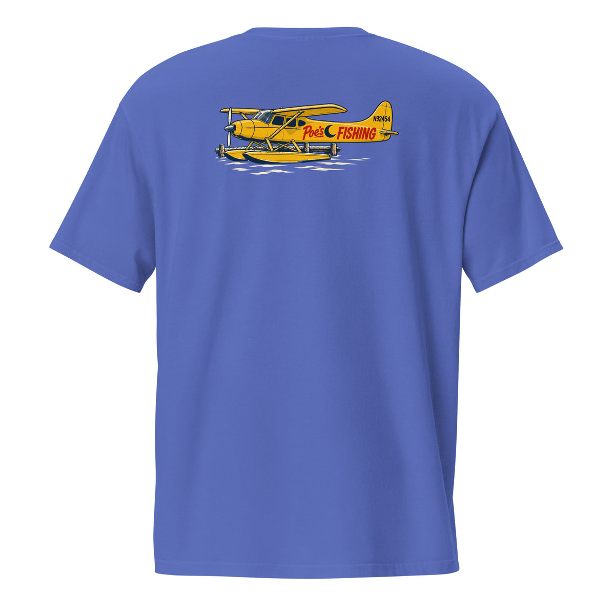 Do We Know… Poe? Tee in Flo Blue, back with yellow floatplane and dock artwork