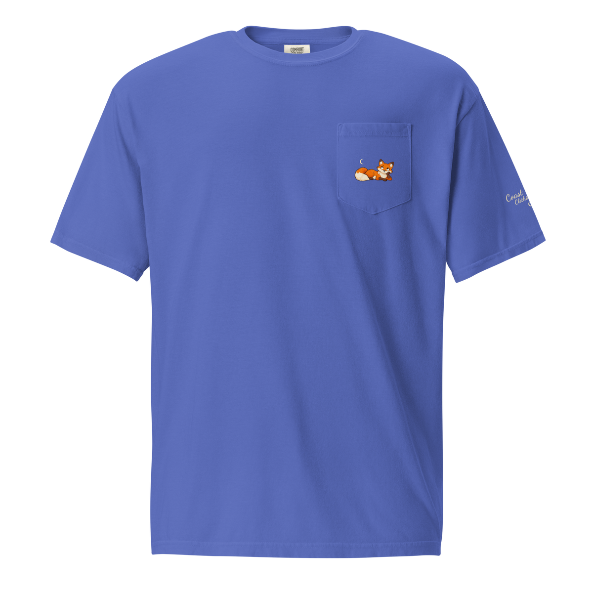 Flo Blue Josephine’s Zero Fox Given Pocket Tee, front with small Josephine fox and crescent on the chest pocket.