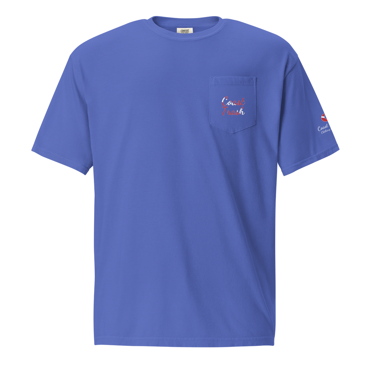 Another World Dive Pocket Tee in Flo Blue, front with flag-filled script on the pocket.