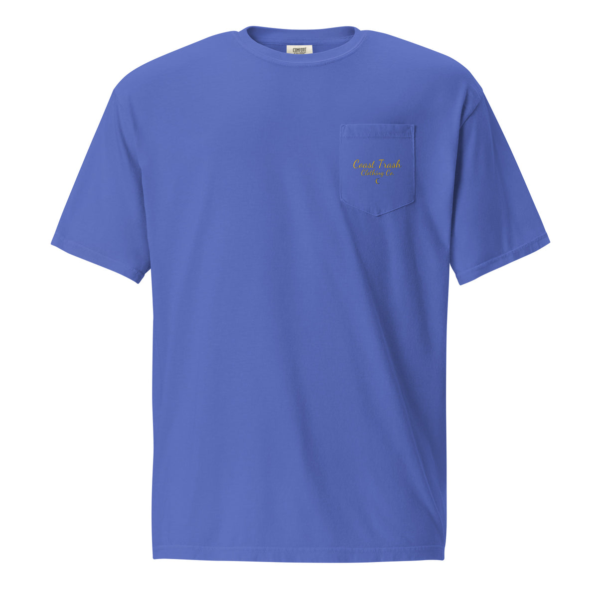 Do We Know… Poe? Tee in Flo Blue, front with gold Coast Trash script and crescent on the pocket