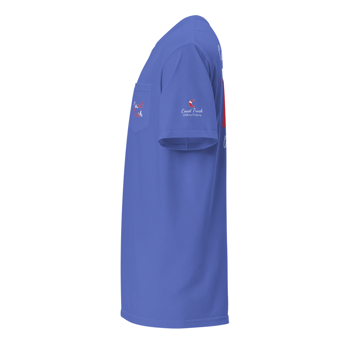 Another World Dive Pocket Tee in Flo Blue, left sleeve with diver-down crescent and Coast Trash script.