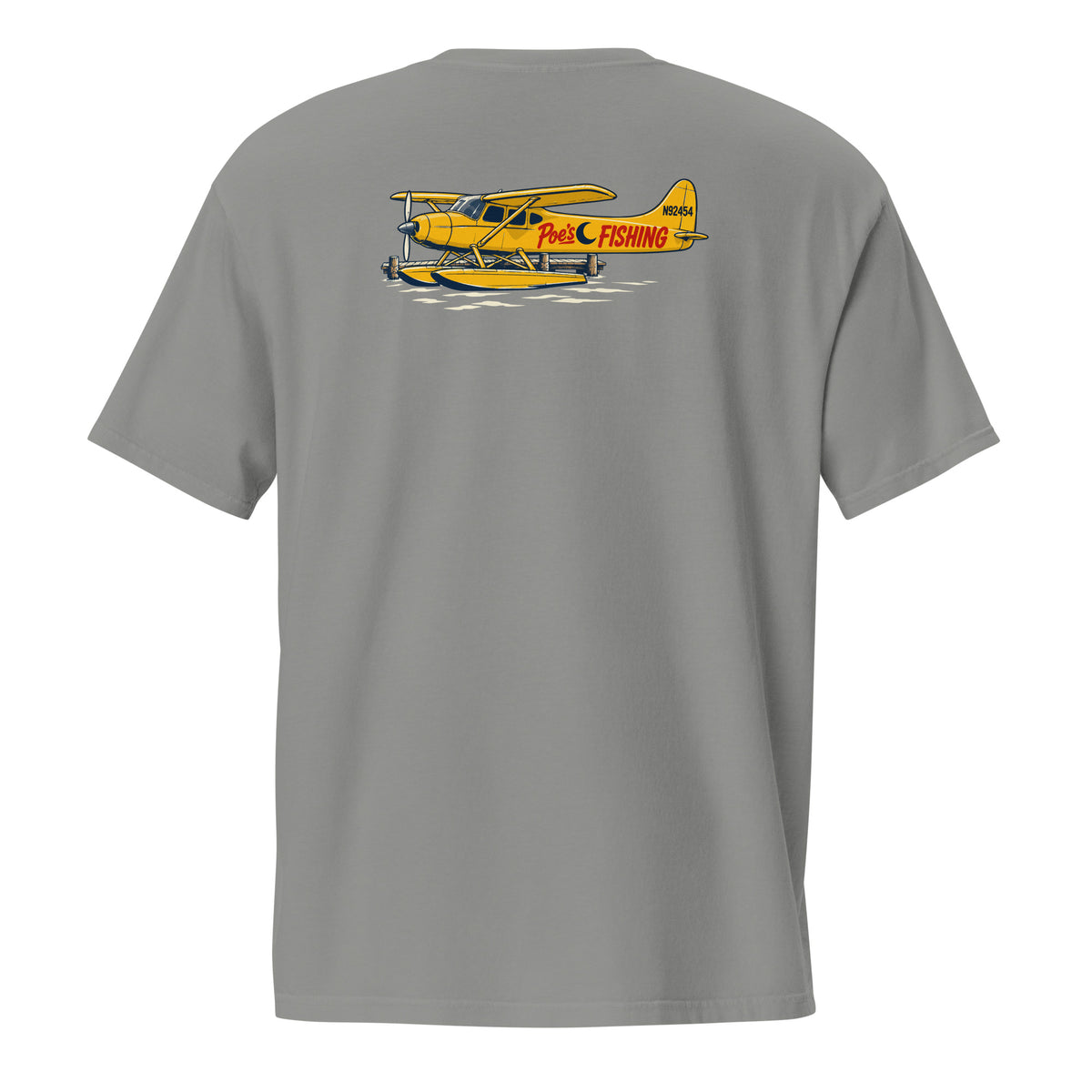 Do We Know… Poe? Tee in Grey, back with yellow floatplane and dock artwork
