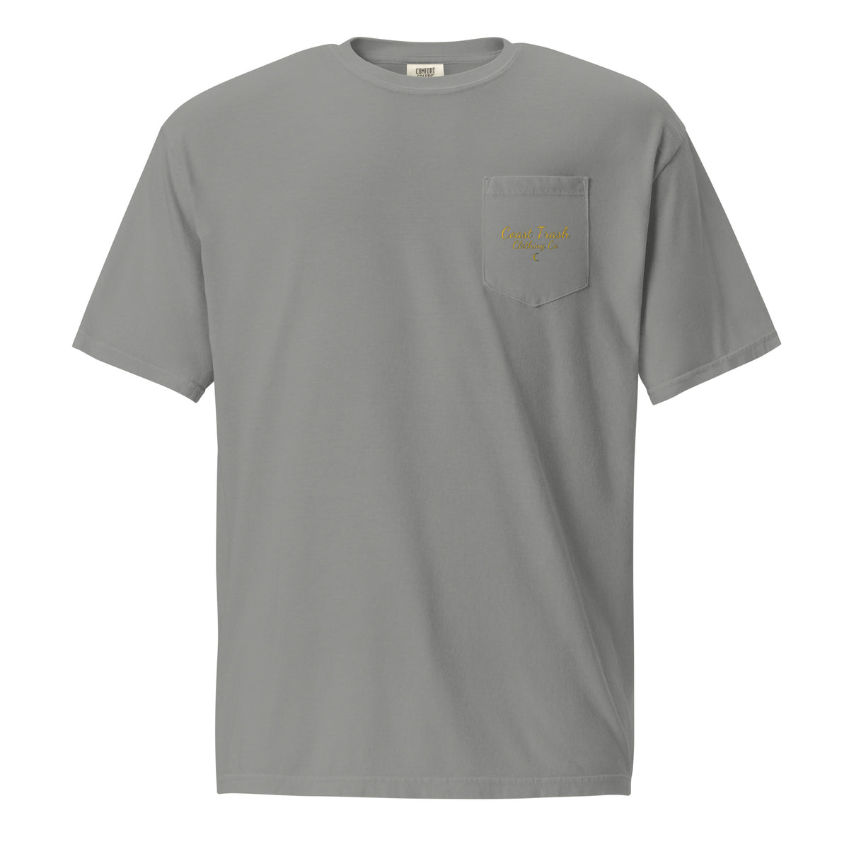 Do We Know… Poe? Tee in Grey, front with gold Coast Trash script and crescent on the pocket