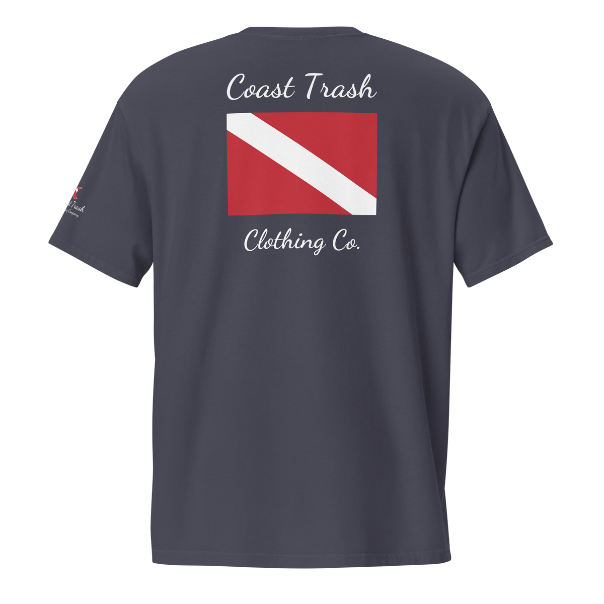 Another World Dive Pocket Tee in True Navy, back with diver-down flag and white Coast Trash Clothing Co. script.