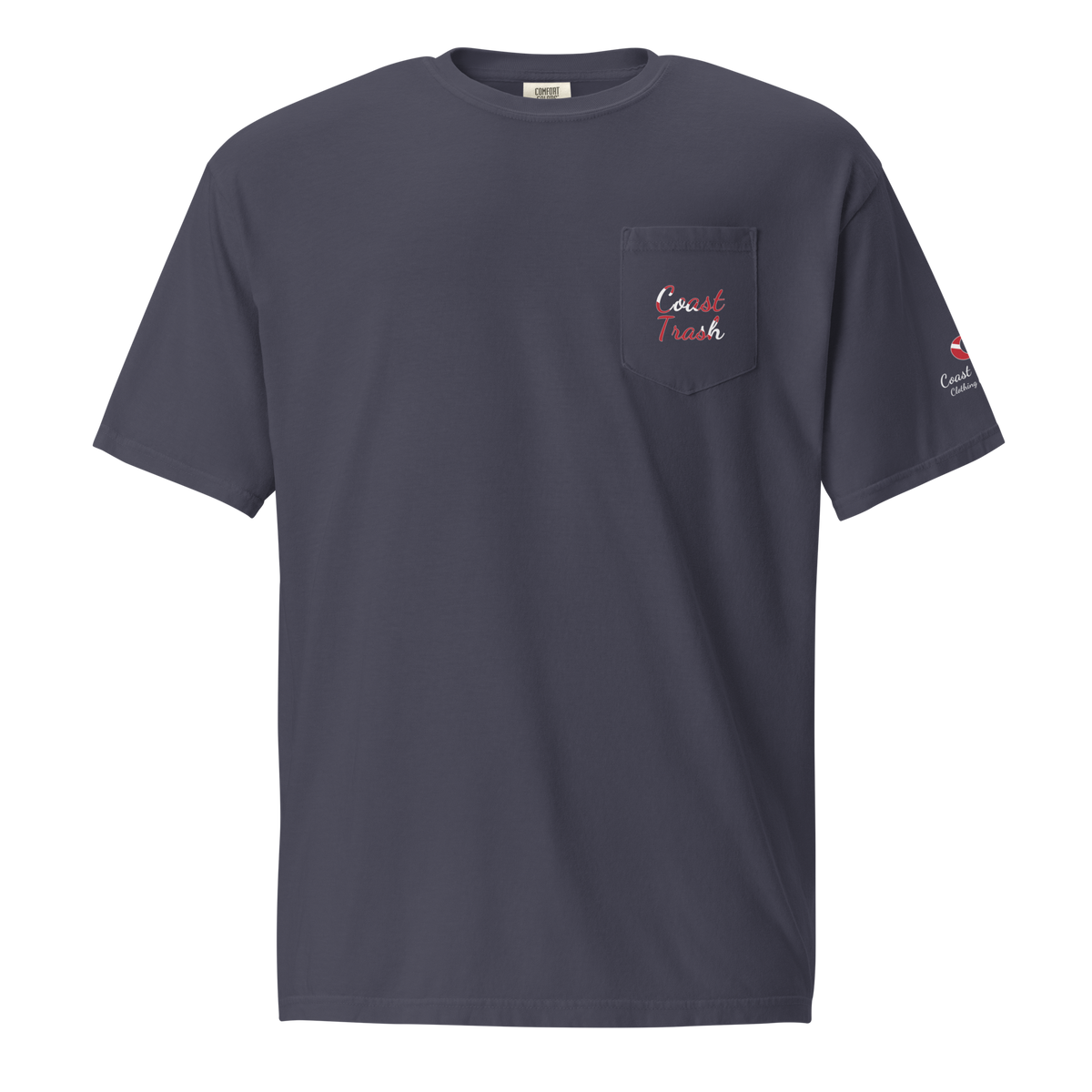 Another World Dive Pocket Tee in True Navy, front with flag-filled script on the pocket.