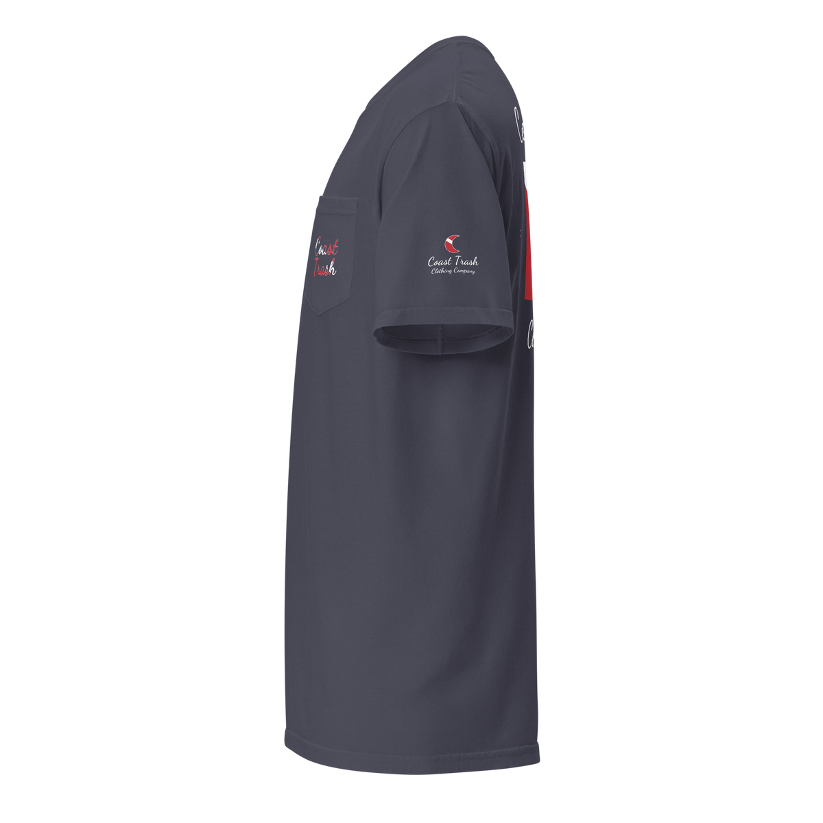 Another World Dive Pocket Tee in True Navy, left sleeve with diver-down crescent and Coast Trash script.