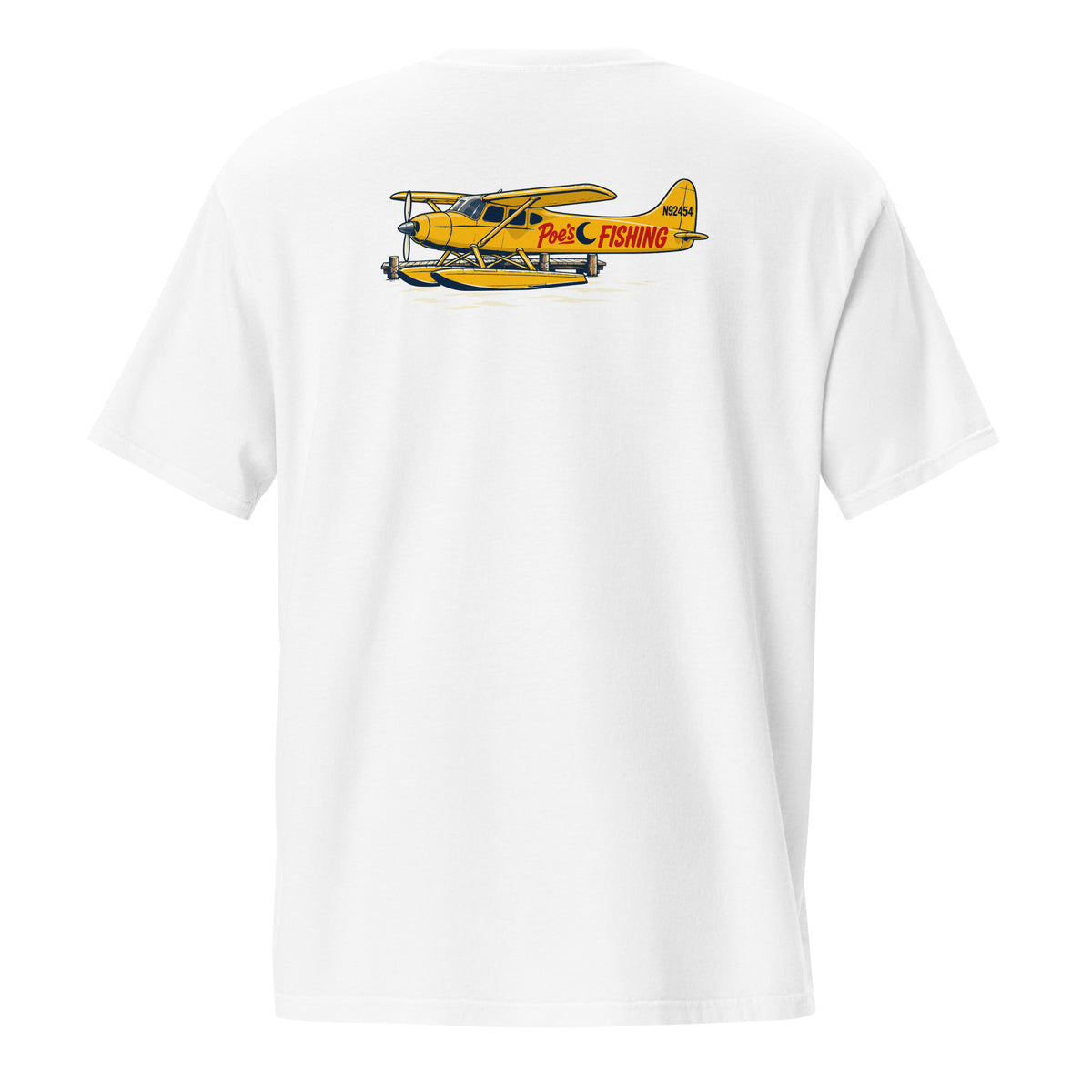 Do We Know… Poe? Tee in White, back with yellow floatplane and dock artwork