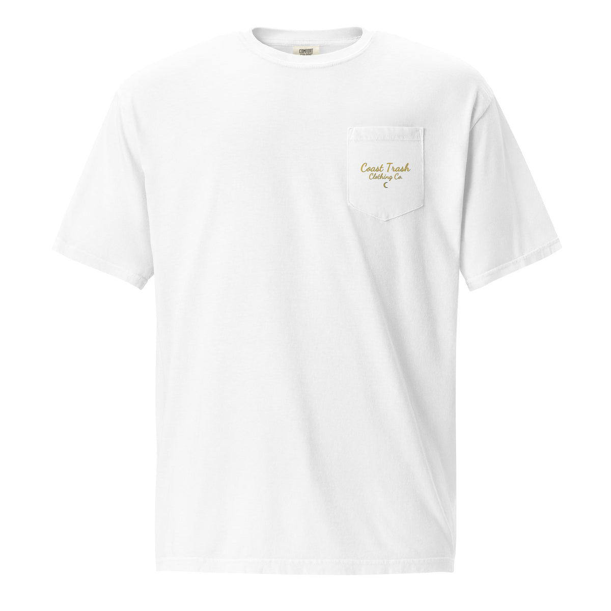 Do We Know… Poe? Tee in White, front with gold Coast Trash script and crescent on the pocket