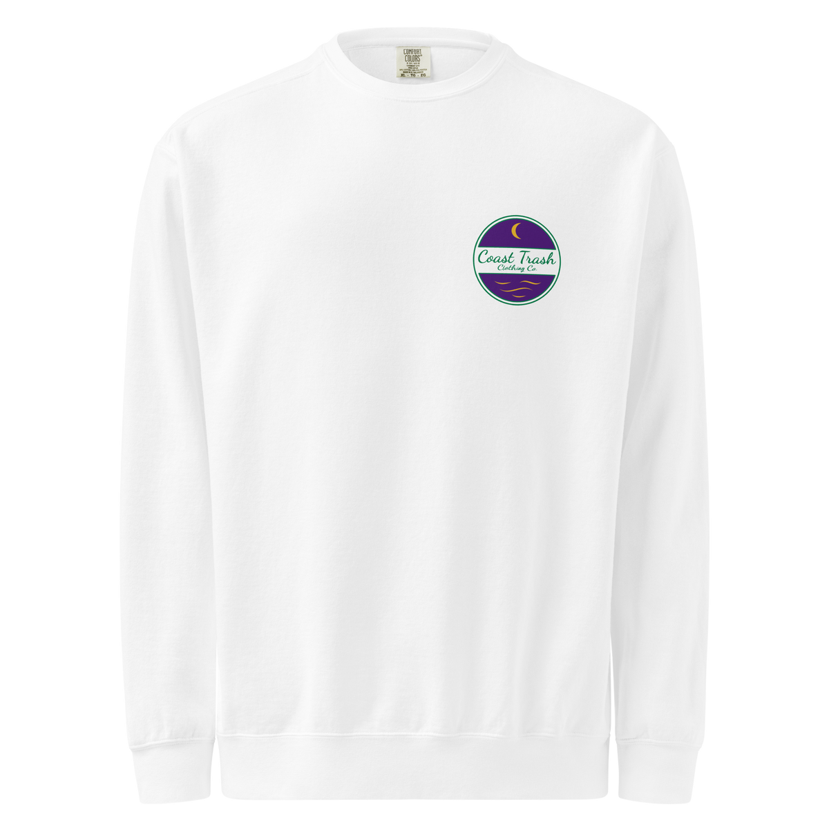 Front of the white Krewe de la Lune sweatshirt with the green, purple and gold Selene Tide chest logo.